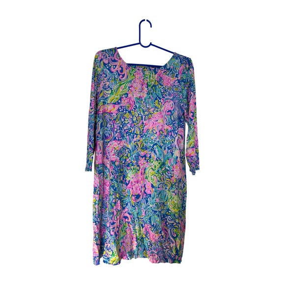 Lilly Pulitzer Dresses & Skirts - Lilly‎ Pulitzer Elana Shift Dress Pink Blue Green Pattern 3/4 Sleeve Size L